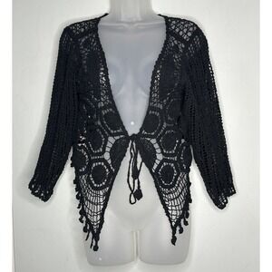 Black Crop Crochet‎ Cardigan M Fringe Boho Chic Whimsigoth Goth Witchy Western